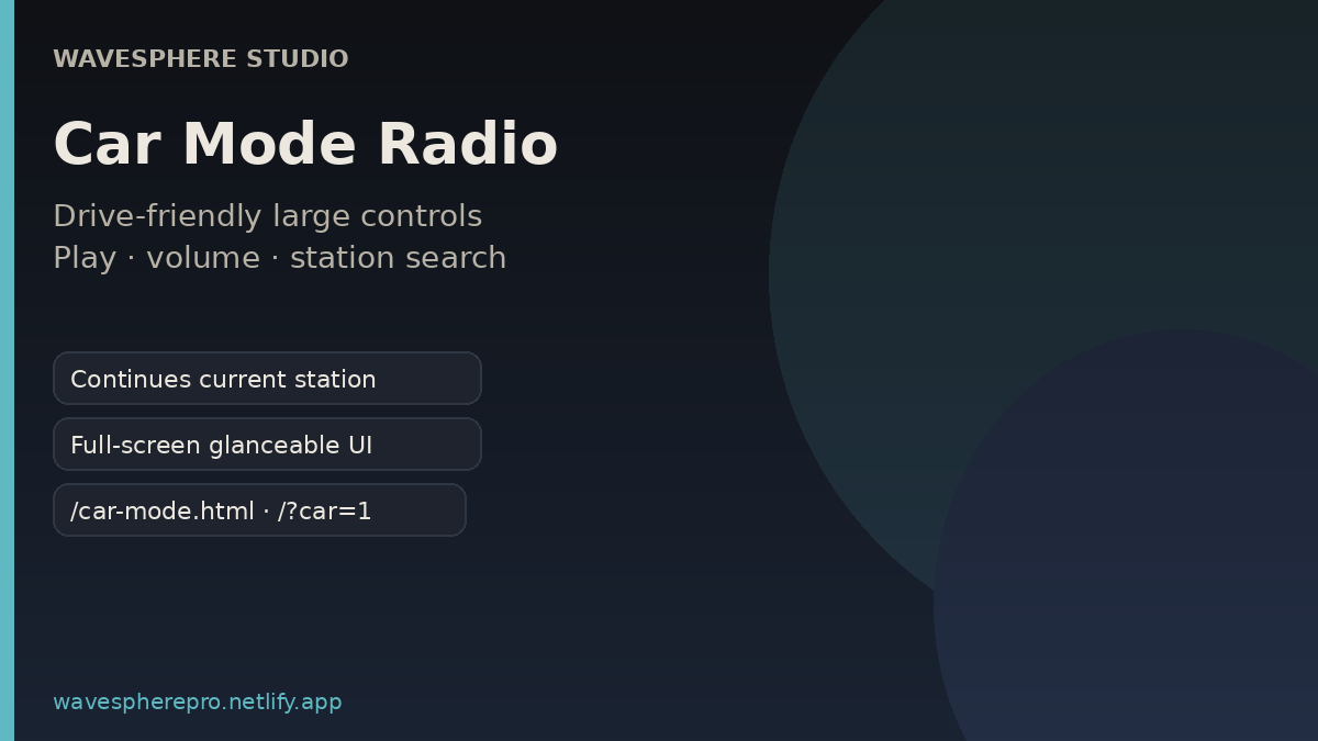 WaveSphere car mode radio interface with play pause volume and station search