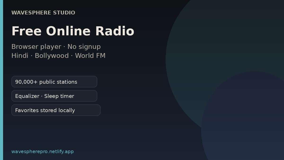 WaveSphere free online radio player promotional image with 90000 plus stations equalizer and sleep timer