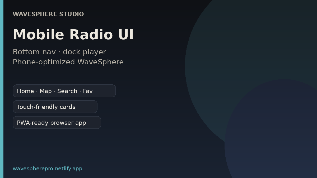 WaveSphere mobile optimized radio player with bottom navigation promotional image